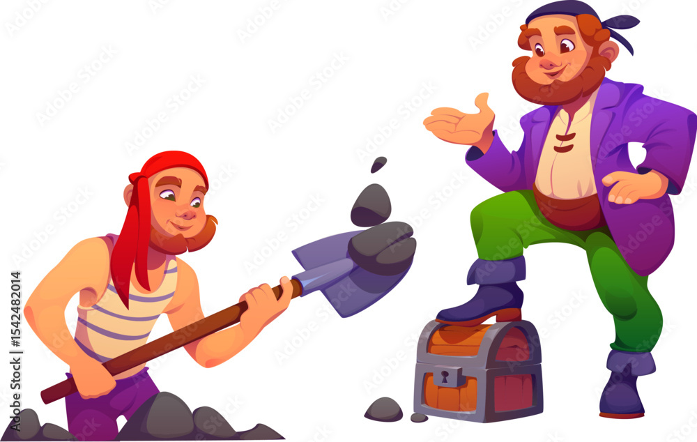 Cartoon pirate captain and corsair sailor burying a treasure. Vector captain confidently standing near a treasure chest, seaman, boatswain or skipper digging a hole to hide loot in the wooden trunk Cartoon pirate captain and corsair sailor burying a treasure. Vector captain confidently standing near a treasure chest, seaman, boatswain or skipper digging a hole to hide loot in the wooden trunk