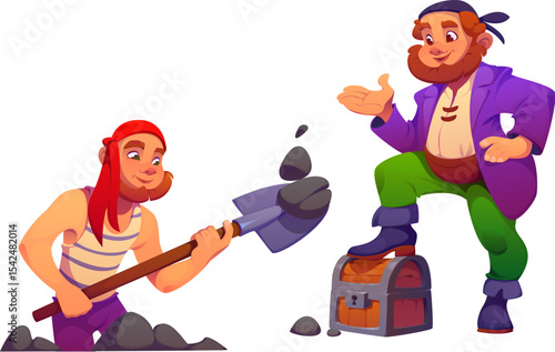Cartoon pirate captain and corsair sailor burying a treasure. Vector captain confidently standing near a treasure chest, seaman, boatswain or skipper digging a hole to hide loot in the wooden trunk