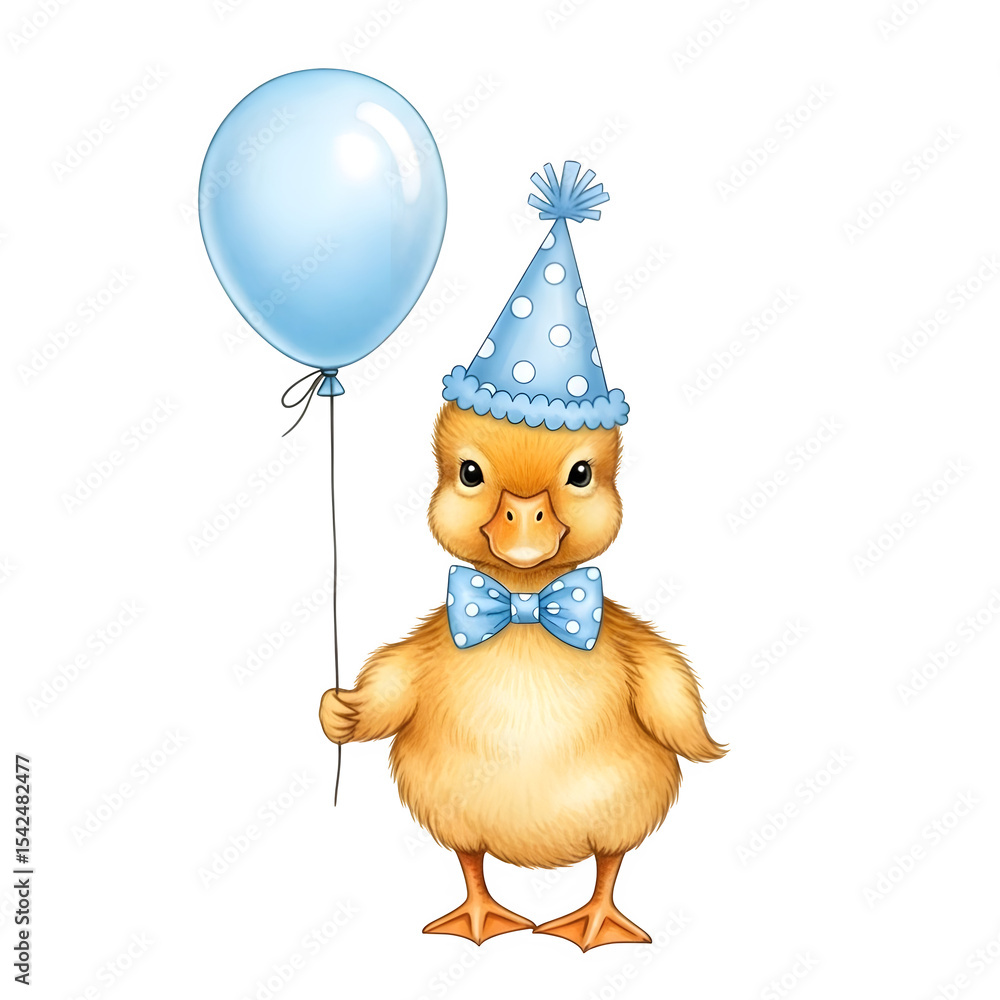 Fototapeta premium Adorable baby duckling in a party hat holds a blue balloon a perfect graphic for birthday cards invitations or children's books, transparent background