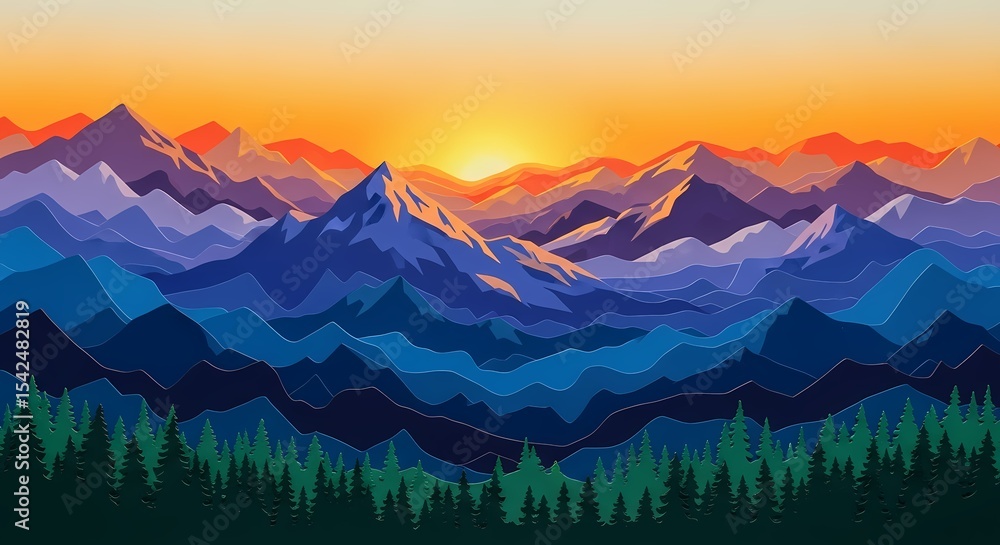 Naklejka premium Serene Mountainscape at Sunset: A Vector Illustration for Adventure and Tranquility