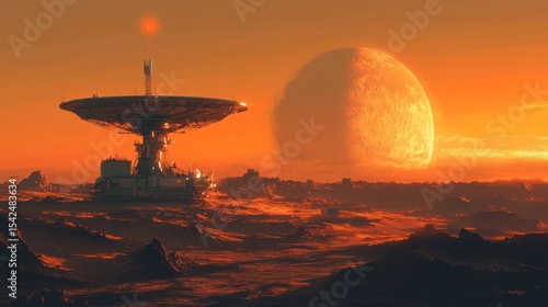 Alien radio telescope on a fiery alien planet