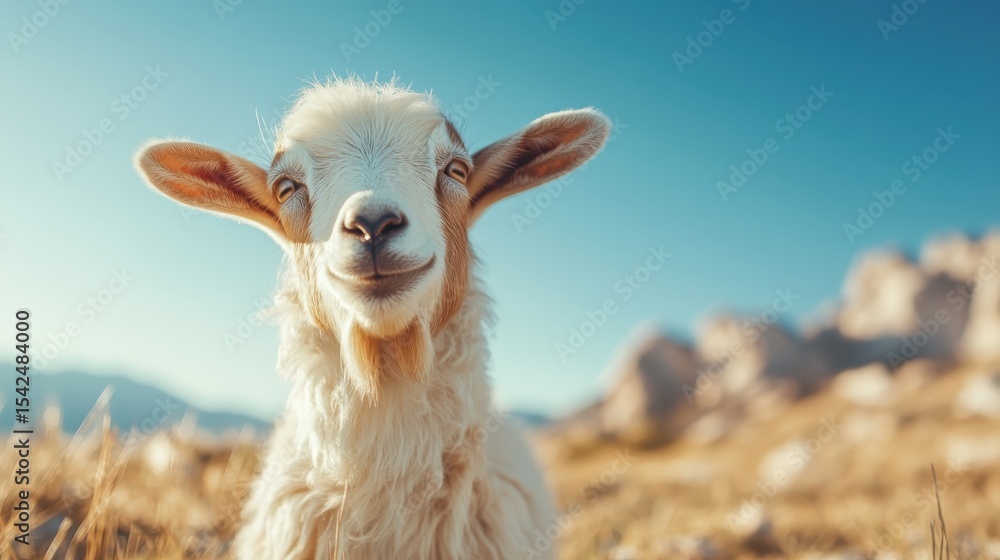 Fototapeta premium This delightful image of a smiling goat basking in sunlight captures the essence of joy and playfulness found in nature, highlighting the beauty of animal life in a serene setting.