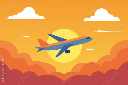 Sunset flights offer stunning views of an airplane soaring through a cloudy sky, making air travel a beautiful summer vacation