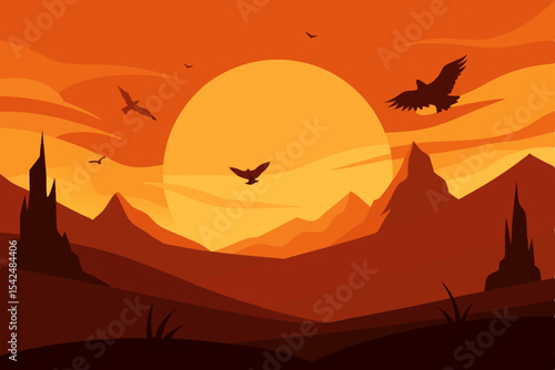 Desert sunset vector illustration: an orange sky over mountains and a lone tree silhouette