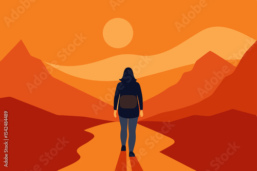 People silhouetted against a vast desert and mountain landscape at sunset or sunrise, embodying freedom in nature's orange glow
