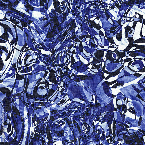 Dye wash indigo blue textur fabric effect background, Seamless glitch patched pattern in masculine Japanese block print style.