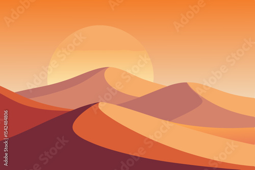 Vector illustration of a vibrant desert landscape at sunset, featuring hot orange and yellow hues over dry sand dunes and distant mountains