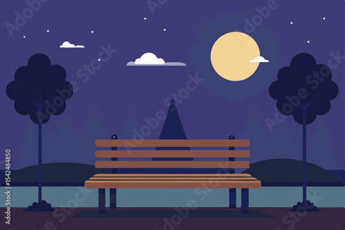 Moonlit park bench under a starry night sky with silhouetted trees and grass