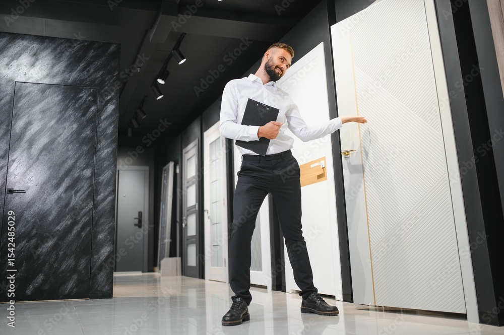 Fototapeta premium A seller of interior doors in a hardware store