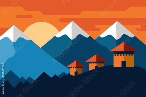 Blue vector illustration of houses nestled in misty mountain peaks at sunrise