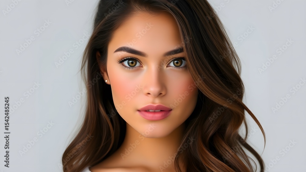 Closeup portrait of beautiful woman with glowing skin and wavy brunette hair on neutral background Closeup portrait of beautiful woman with glowing skin and wavy brunette hair on neutral background