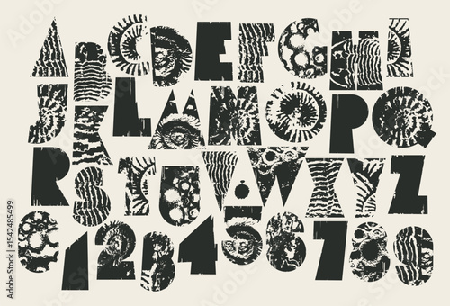 Simple, thick font consisting of geometric shapes with grunge texture, fossils of ancient animals, ammonites, shells. Letters and numbers of the Latin alphabet. AI is not used.