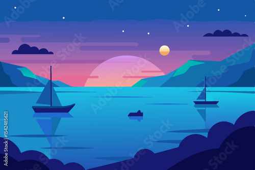Sailing at night under a moonlit sky, a ship glides over the ocean waves, a peaceful summer nature landscape