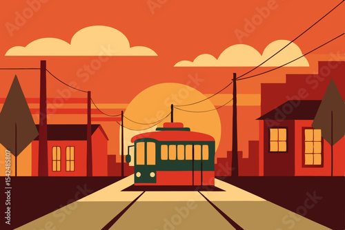 Vintage red tram on an old Lisbon city street in the evening, with historic buildings and urban transport creating a classic European travel scene