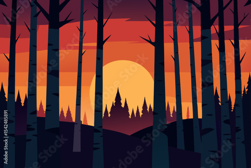 Forest sunrise and sunset over a cityscape with urban skyline and tree silhouettes, an illustration of nature's landscape and architecture at night or day