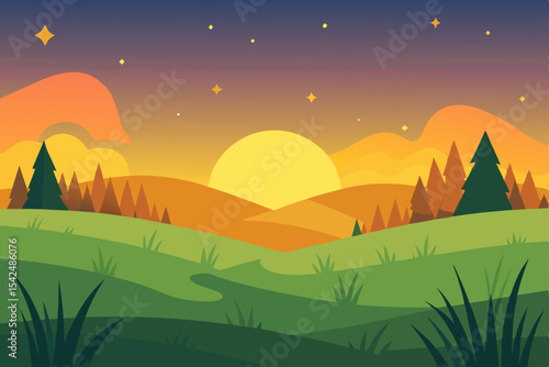 Golden sunlight bathes a vast mountain landscape, hinting at either a vibrant sunrise or a serene sunset, with trees and grass adorning the hills under an expansive sky