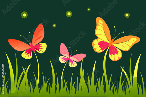 A vibrant vector illustration of a butterfly on a grassy meadow, featuring an abstract floral design for a beautiful spring nature background
