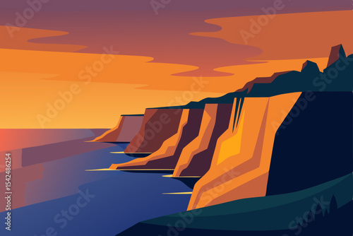 Golden sunrise or fiery sunset paints the mountain landscape and sky, reflecting on the water or sea