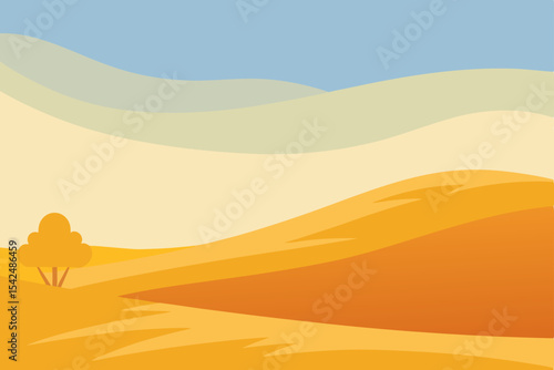 Desert dunes stretching towards the sunset sky, a hot Sahara landscape with dry sand hills and distant palm trees