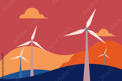 Harnessing the wind's power, a green energy turbine farm stands against a blue sky, generating renewable electricity for a sustainable future