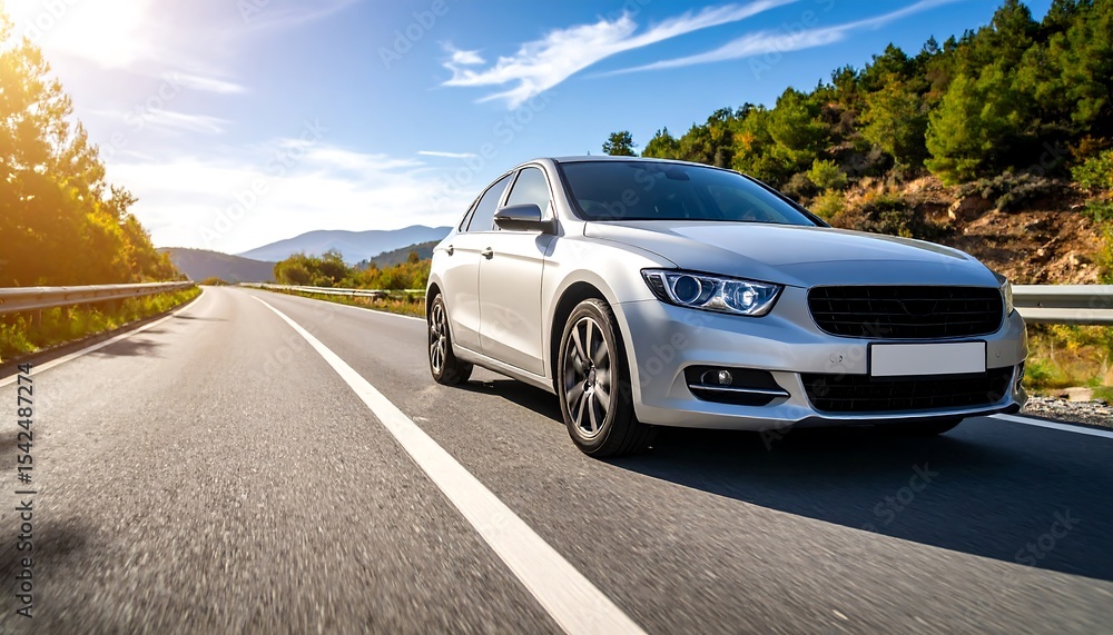 Fototapeta premium A silver car drives down an open highway under a bright blue sky during daylight on a sunny day.