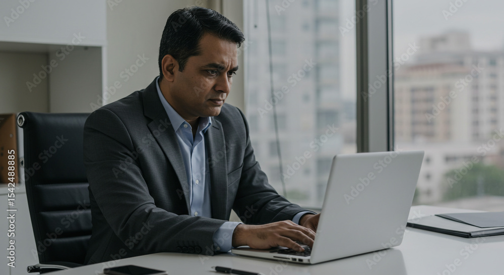 A man in a suit working on a laptop in an office with a city view visible through the window behind him A man in a suit working on a laptop in an office with a city view visible through the window behind him