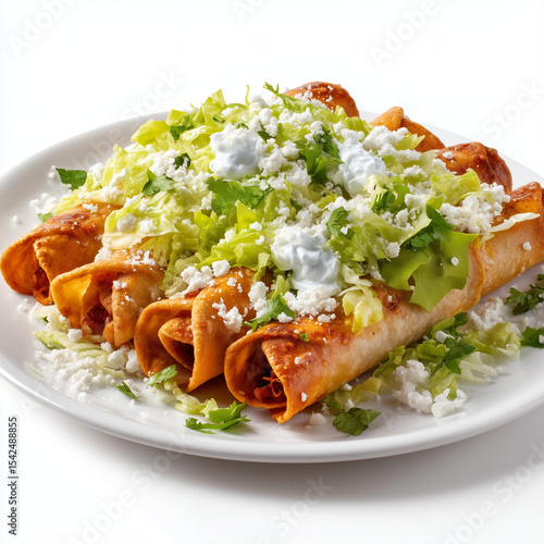 Traditional Mexican Flautas, fully visible, golden and crispy, ideal for showcasing authentic cultural cuisine and menus.