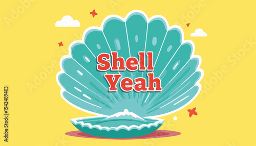 Colorful cartoon clam shell illustration with the text "Shell Yeah" on a bright yellow background, playful concept of beach or seaside decor