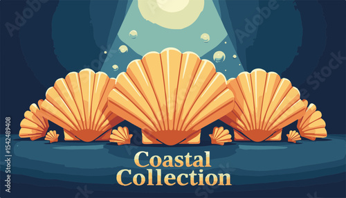 Colorful coastal shell illustration in a playful style with warm tones representing beach themes, concept of marine decor or tropical lifestyle.