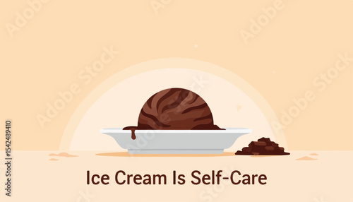 Chocolate ice cream scoop on a white plate with melted chocolate sauce, minimalist background, sweet and comforting concept of dessert shops or cafes