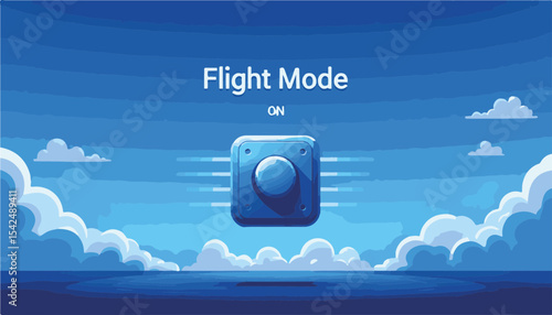 Flight mode button illustration with a blue toggle against a vibrant sky and cloud backdrop, digital technology concept for apps or travel agencies