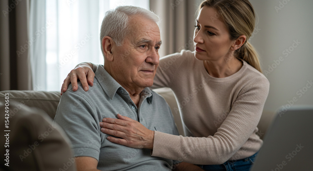 Woman comforting sad senior man with hands on his shoulder and chest sitting on a sofa indoors at home Woman comforting sad senior man with hands on his shoulder and chest sitting on a sofa indoors at home
