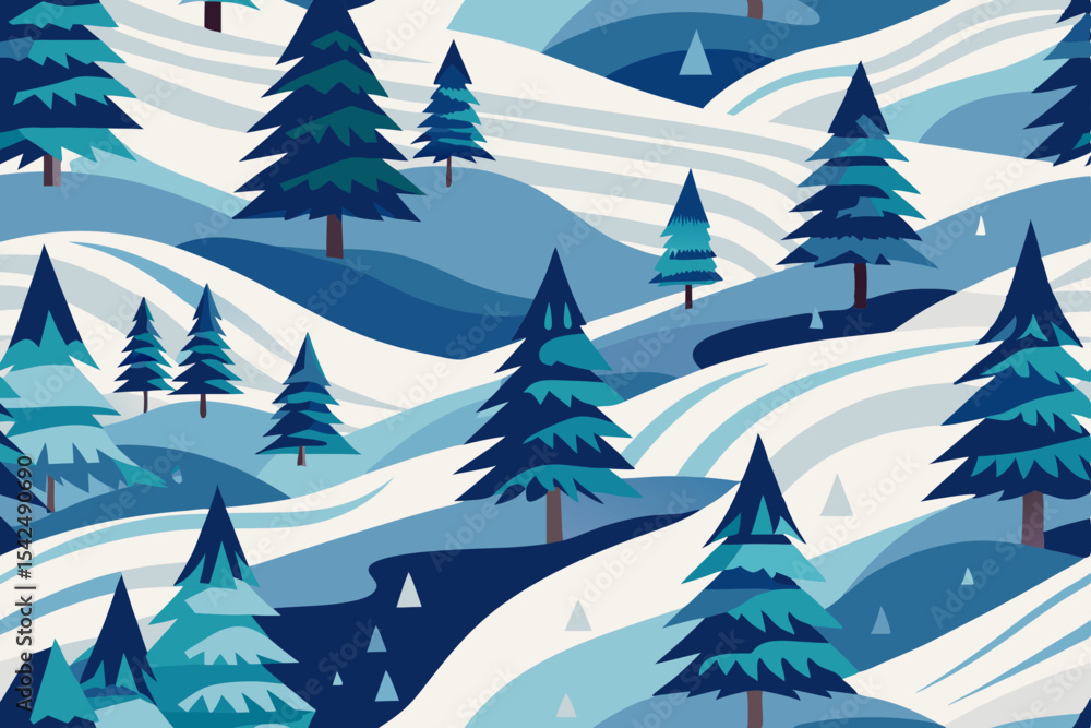 Obraz premium A seamless pattern of snow-covered Christmas trees in a winter forest landscape creates a festive holiday background illustration