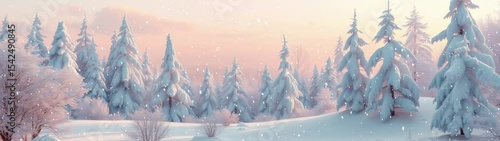 Snowy trees covered in snow in a snowy landscape with a pink sky