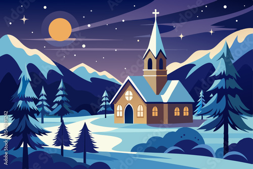 Christmas night winter landscape with a cozy house, snow, and trees, a festive holiday village scene perfect for a new year card illustration