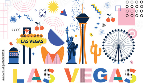 Las Vegas culture travel set, famous architectures, specialties in flat design. Business travel and tourism concept clipart. Image for presentation, banner, website, advert, flyer, roadmap, icons	