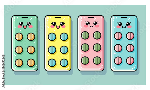 Set of kawaii cute vitamins for kids, tablets, pills and blister pack. Medical vector illustration for children, baby. Kawaii packing of tablets, antibiotics, vitamins, aspirin