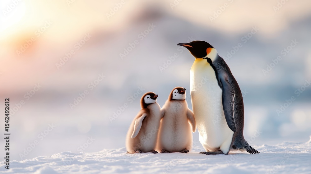 Obraz premium A majestic emperor penguin standing protectively with its adorable chicks on a snowy landscape, symbolizing family loyalty, care, and the beauty of the polar environment.