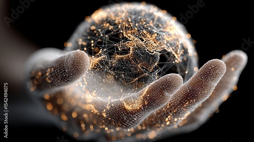 A hand holding a digital globe with glowing connections against a dark background in a close up view
