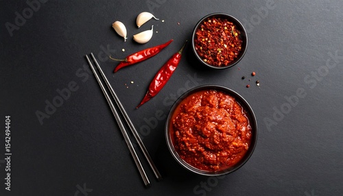 Gochujang. A fermented red chili paste used to add both heat and sweetness to Korean dishes, particularly in sauces for bibimbap and barbecue marinades.