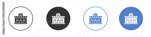Train station building icon collection for app in black and blue colors