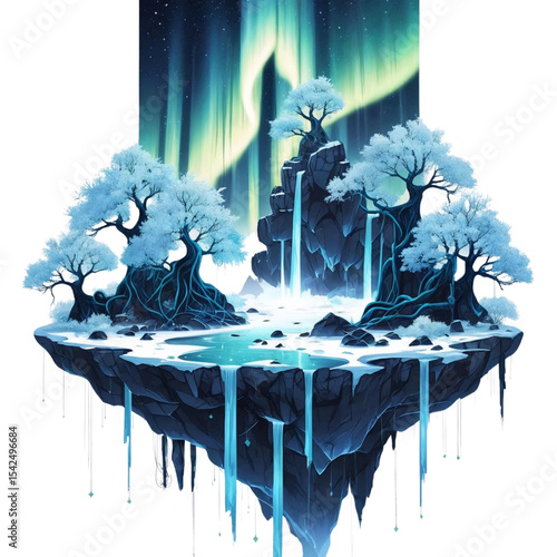 Floating island winter wonderland landscape with aurora borealis and waterfall scenic illustration