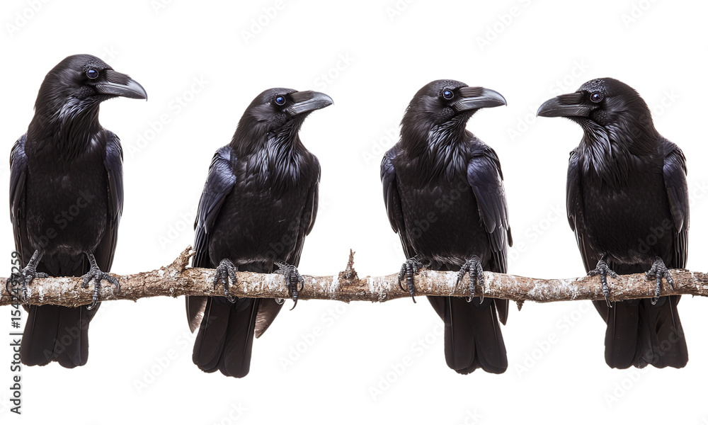 Fototapeta premium Four black ravens perched on artistic branches showcasing varied styles isolated on transparent background.