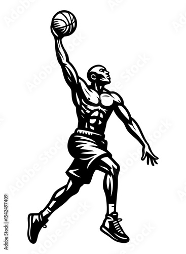 Black vector illustration of a basketball player performing a slam dunk, linocut style, isolated on transparent background.

