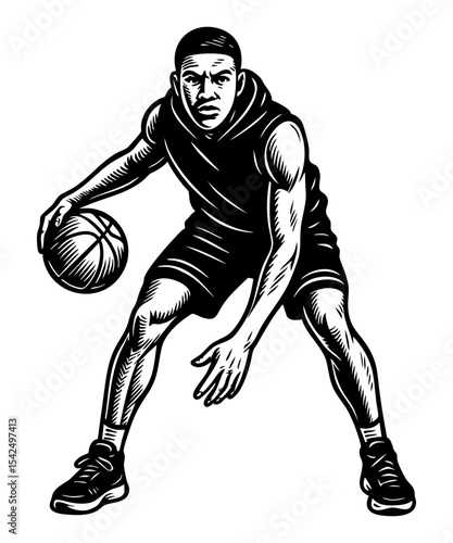 Black vector illustration of a basketball player dribbling in athletic stance, linocut style, isolated on transparent background.

