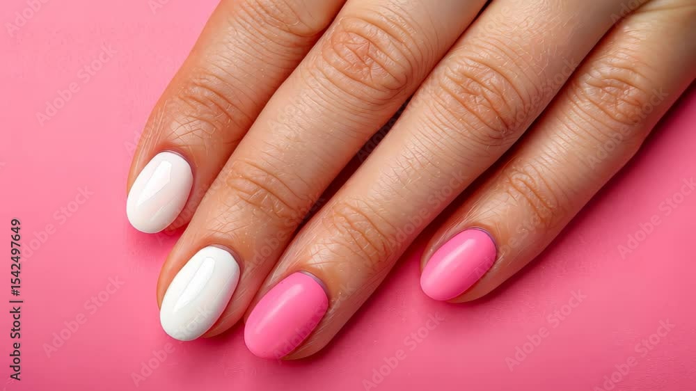 Elegant Fingertips: A close-up shot showcases a well-manicured hand with perfectly painted nails. The nails alternate between white and pink hues, set against a vibrant backdrop. Elegant Fingertips: A close-up shot showcases a well-manicured hand with perfectly painted nails. The nails alternate between white and pink hues, set against a vibrant backdrop.