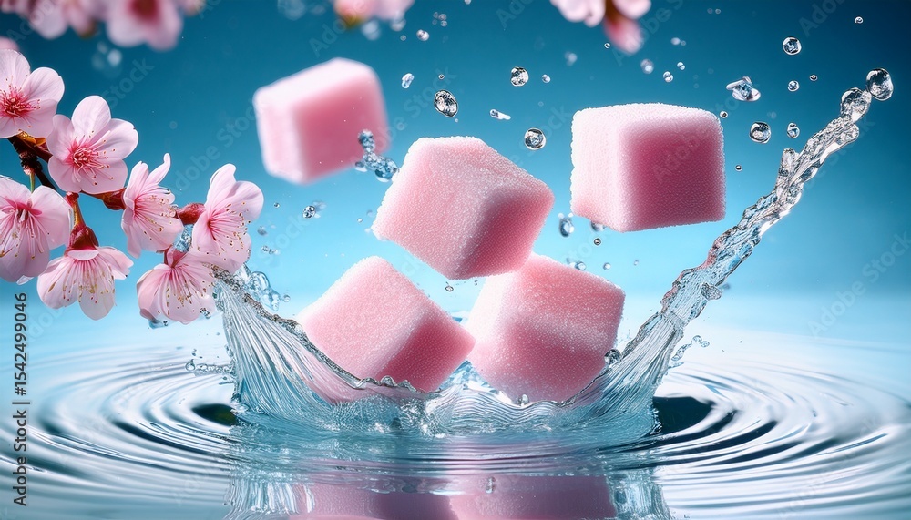 pink sugar cubes and cherry blossoms splash in water pink sugar cubes and cherry blossoms splash in water
