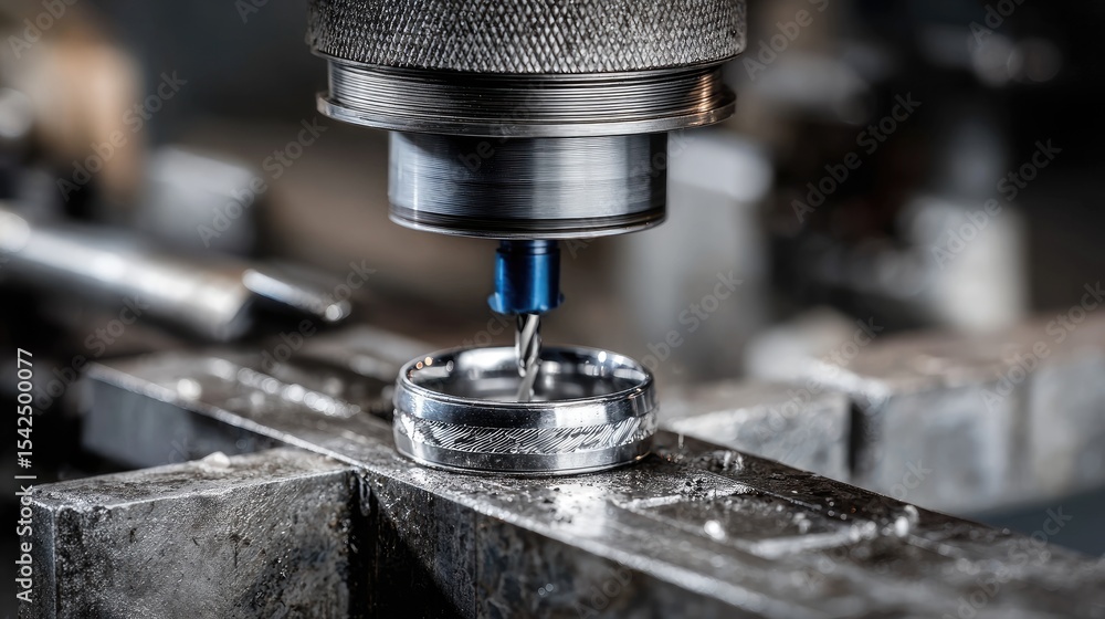 Engraving machine etching detailed patterns on silver rings in a production workshop Engraving machine etching detailed patterns on silver rings in a production workshop