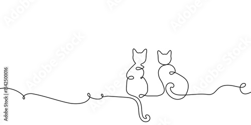 Cat line continuous drawing sketch animal one pet outline vector draw. Two cat line happy doodle couple 2 kitten white black background cute clipart friendship silhouette contour illustration back art
