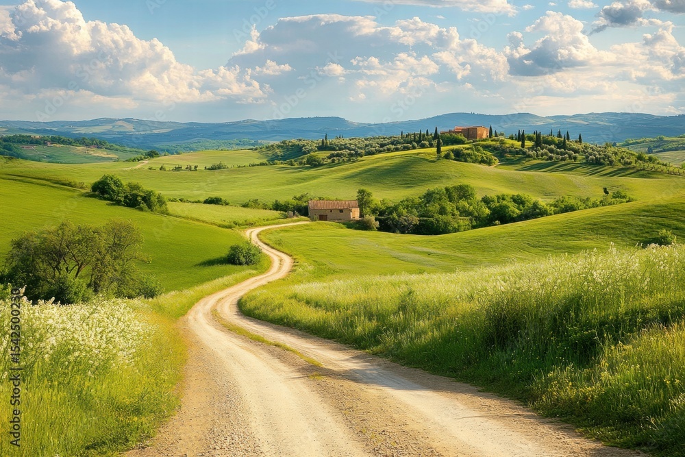 Wide countryside path through open terrain Wide countryside path through open terrain